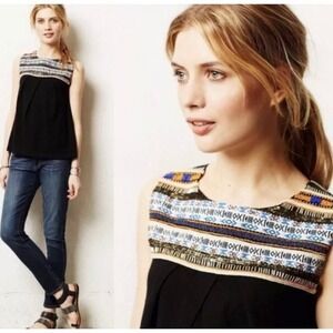 Akemi + Kin Anthropologie tank boho beaded embroidered black bohemian small EUC